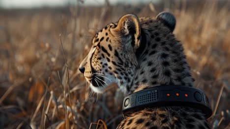 leopard with a high-tech collar in a field