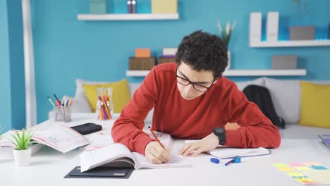 diligent student is trying to finish his homework.