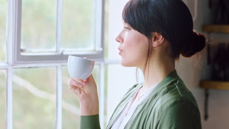 window, coffee and thinking with a woman