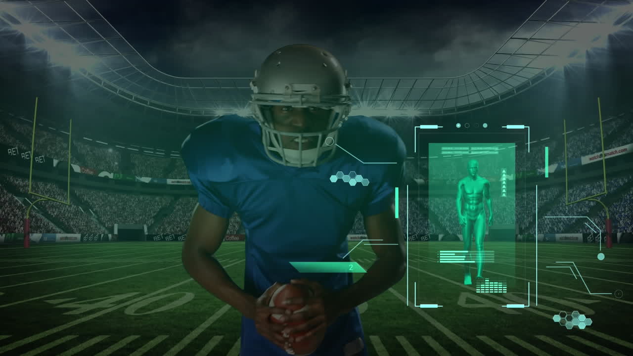 Animazione di elaborazione dati su giocatore di football americano maschio afroamericano in uno stadio sportivo