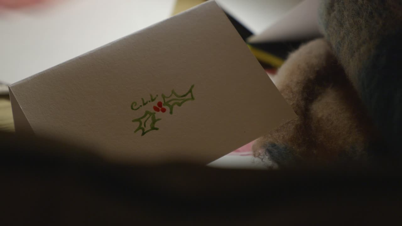 카드에 홀리 잎을 칠하고 와이드 샷으로 서명했습니다.