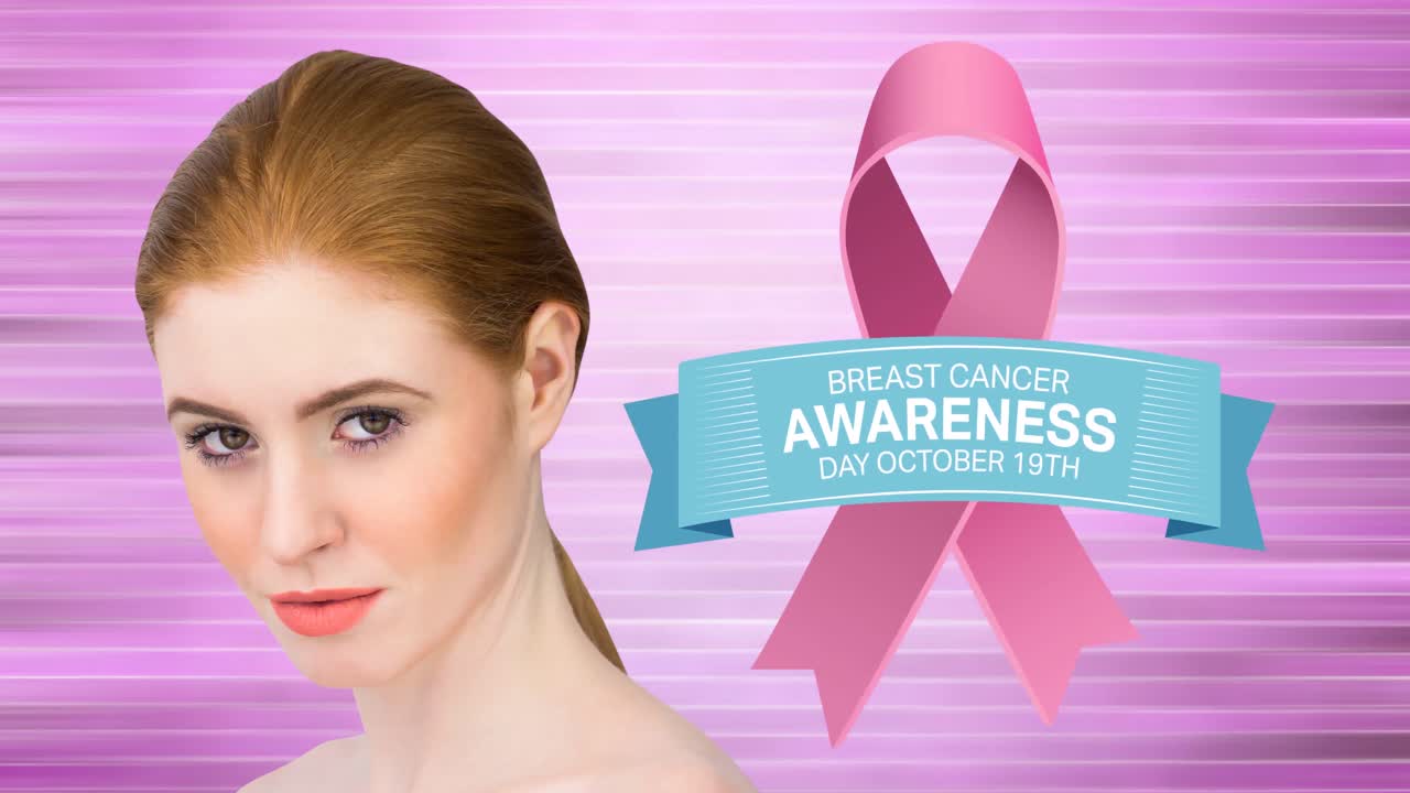 젊은 여성 위에 유방암 텍스트가 있는 분홍색 리본 로고의 애니메이션