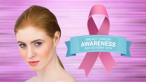 animation of pink ribbon logo with breast cancer text over young woman