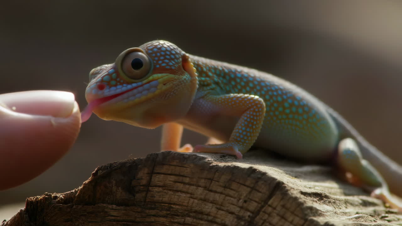 Close-up of a Gecko with a Finger | Premium Stock Video Footage