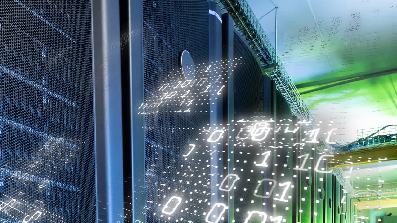 Animation of binary coding data processing against computer server room