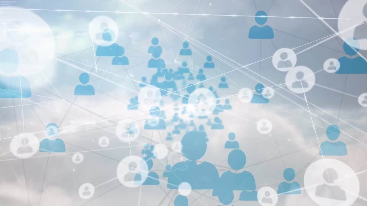 구름진 하늘 위의 아이콘과 연결 네트워크의 애니메이션