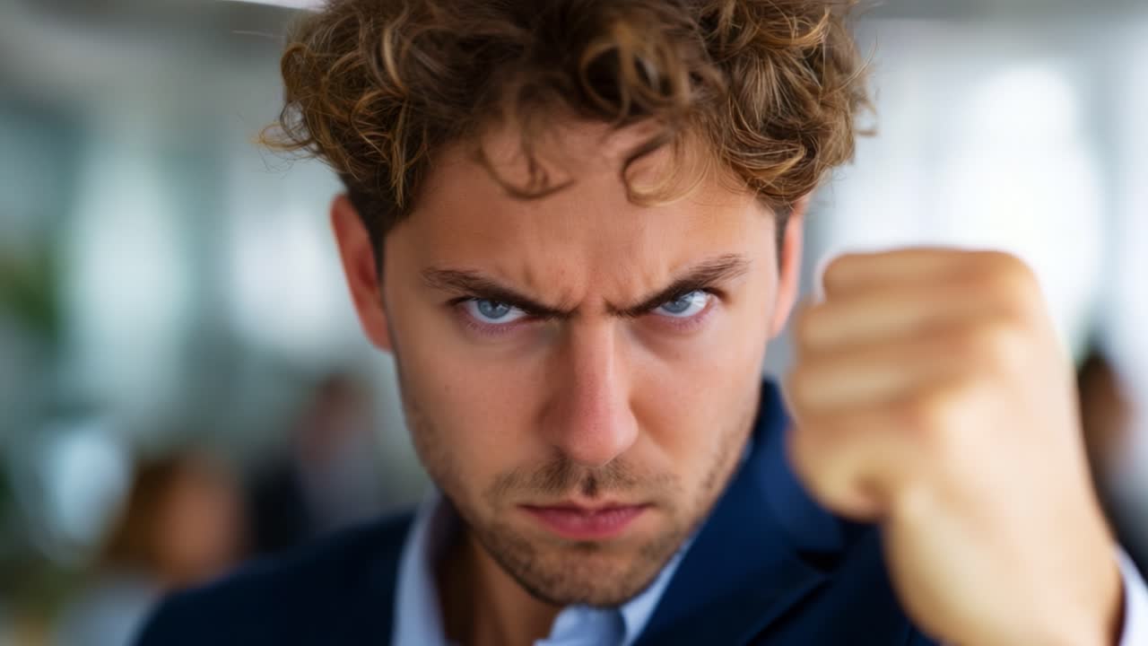 Intense Close-Up of a Young Man with Curly Hair and Determined Expression, Clenching His Fist in a Gesture of Strength and Confidence in a Professional Setting