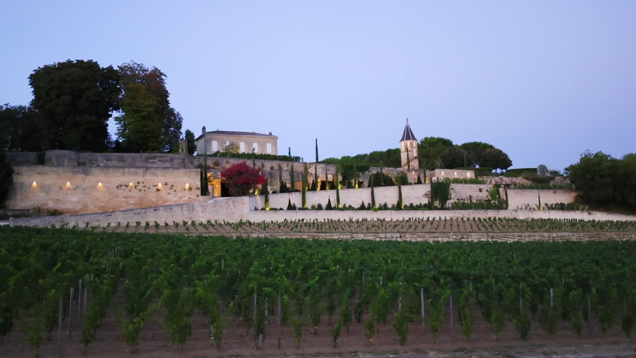 Chateau and vineyards at dusk in Bordeaux