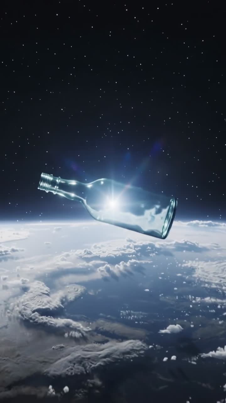 Vertical video: Floating glass bottle drifting away after initial push above Earth, showing fluid