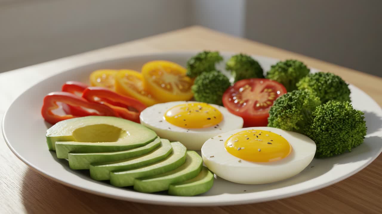 A Colorful Plate of Healthy Foods Featuring Sliced Avocados, Broccoli, Fresh Tomatoes, and Perfectly Cooked Eggs for a Nutritious Meal or Snack