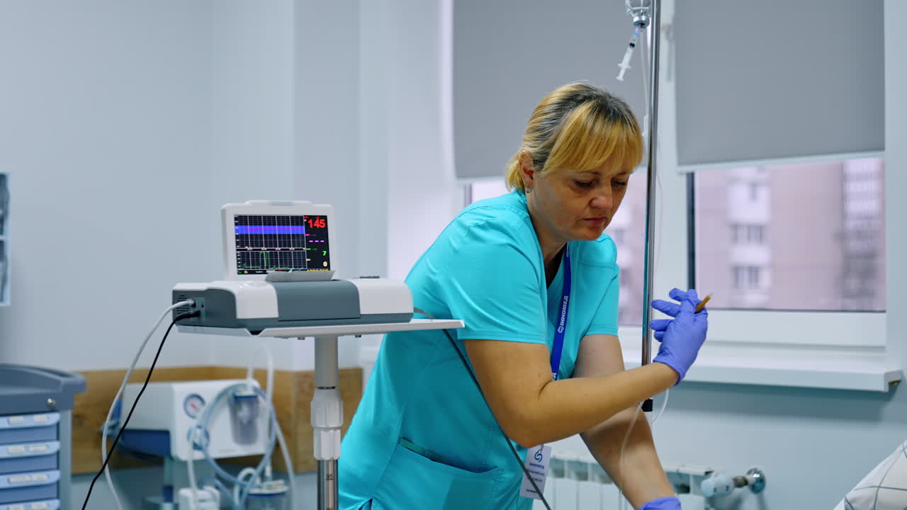 Adult female nurse setting the equipment in the hospital ward. Medic connects the wires from the apparatuses.