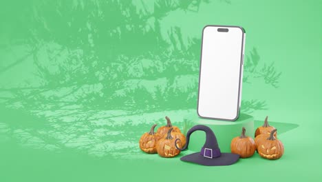 Green-tree-shadow-background,-smartphone-mockup-on-podium,-pumpkin-and-witch-hat