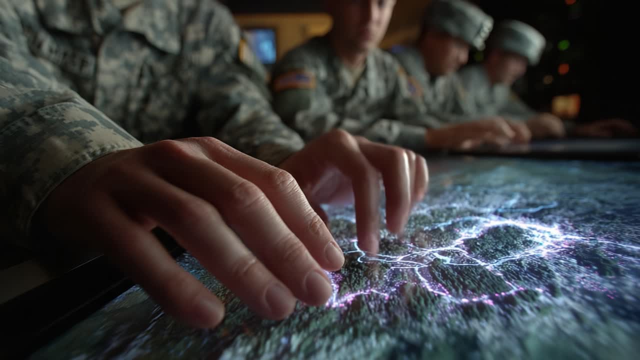 Military Personnel Engaged in High-Tech Data Analysis on Touchscreen Display, Collaborating on Strategic Operations while Utilizing Advanced Technology