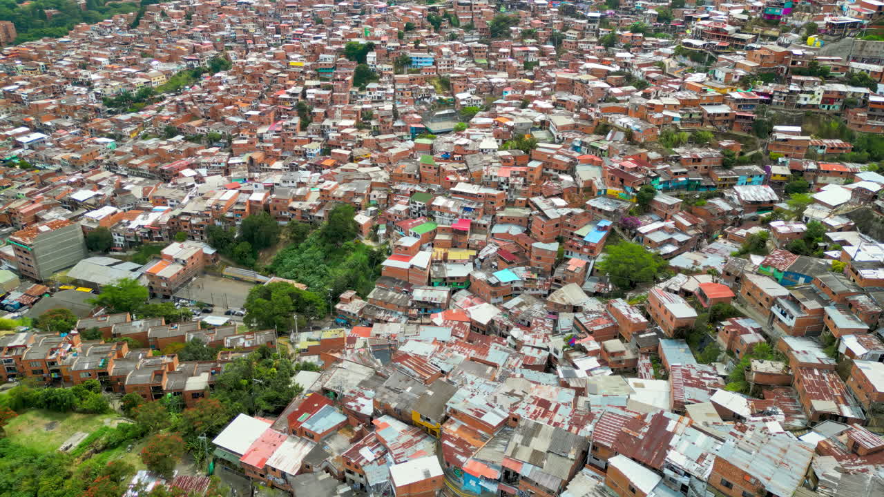 Aerial drone view of Medellin, historic hillside town in Colombia in daylight