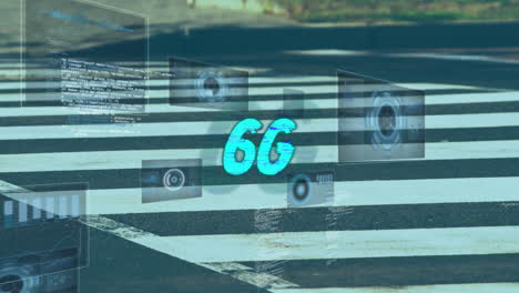 animación de la tecnología 6g sobre el cruce peatonal con elementos de interfaz digital