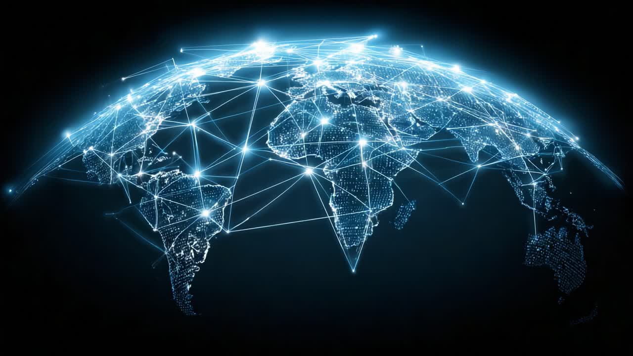 A stunning visualization of a networked globe, showcasing intricate digital connections and data flows across continents in a high-tech, glowing blue format, symbolizing global communication