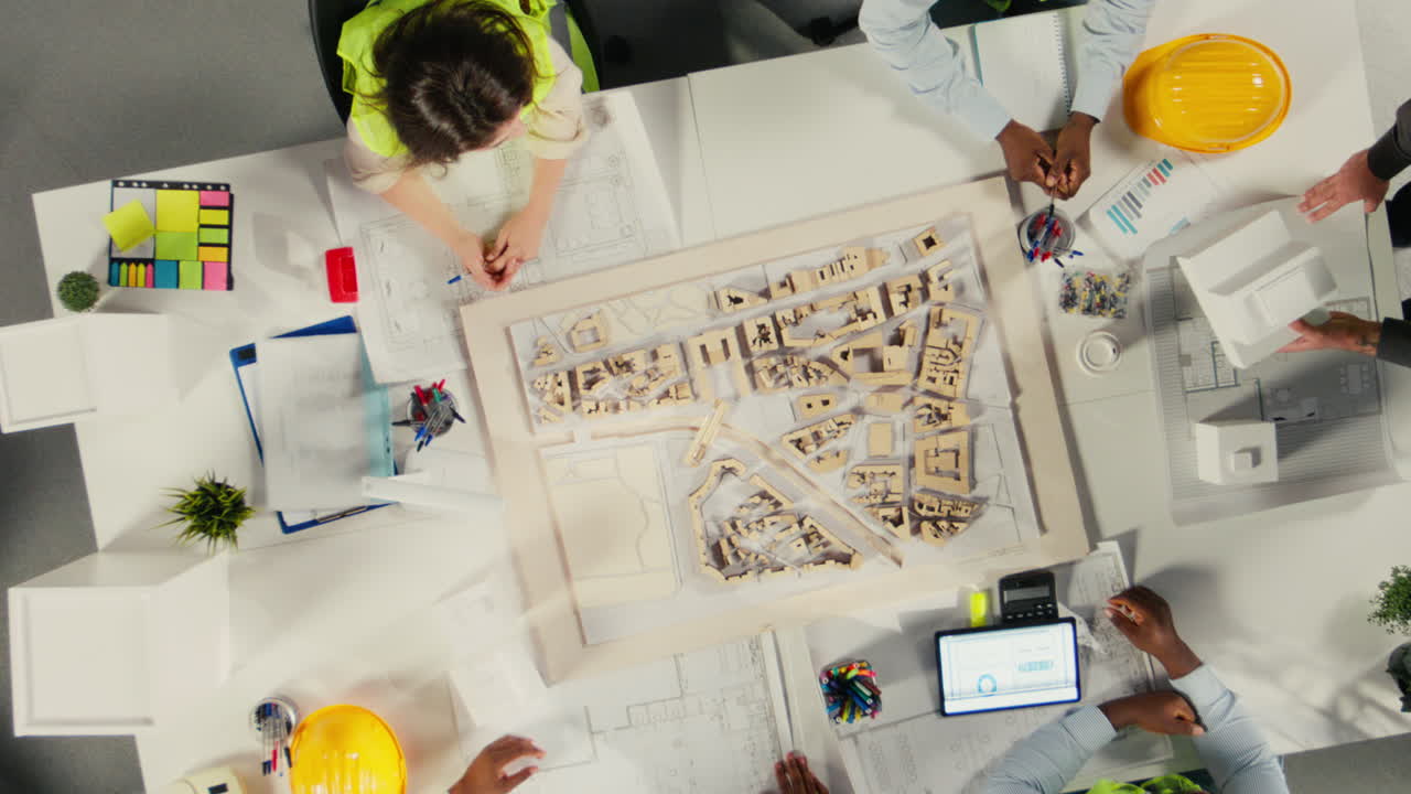 Vertical Video Top down view zoom out of property developers and architects in meeting