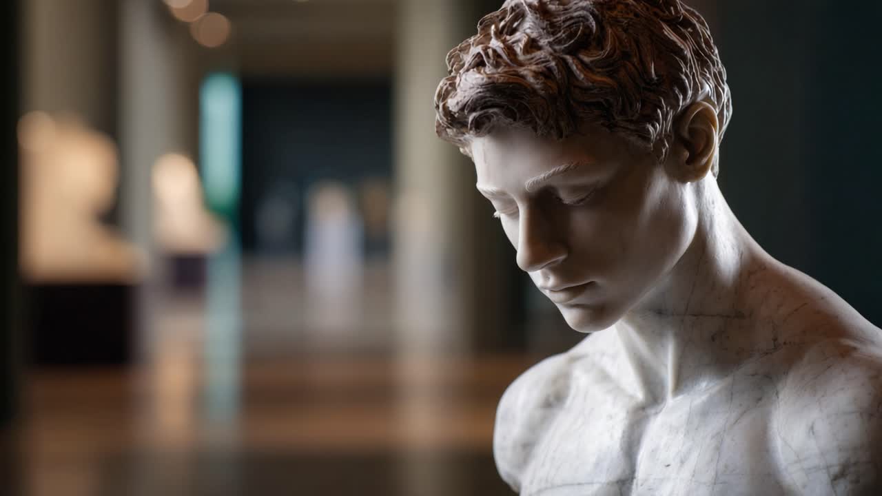 Ritratto di scultura in marmo serena, catturato con un'illuminazione soffusa all'interno di una galleria d'arte, che mette in risalto la bellezza e i dettagli dell'artigianato ceramico classico.