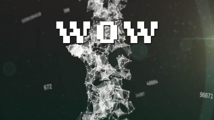 Animation of wow text over network of connections and data processing on grid