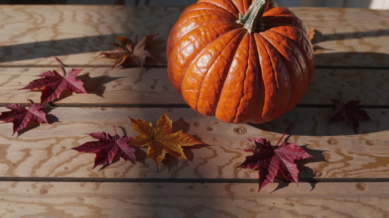 A top-down video shot of a pumpkin and autumn leaves on a wooden deck, capturing the essence of fall