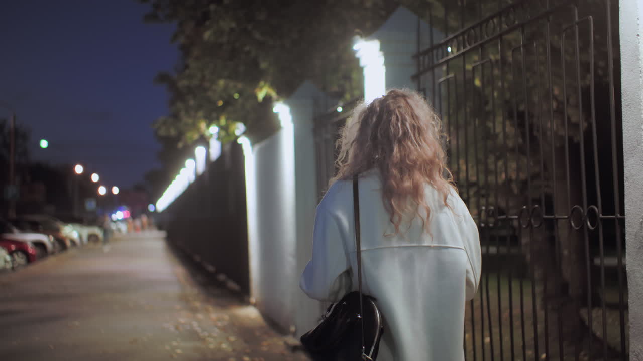 Back view of girl with handbag walking along fence-lined sidewalk under night lights with parked vehicles on street left side, capturing urban evening atmosphere with soft blur and bokeh background