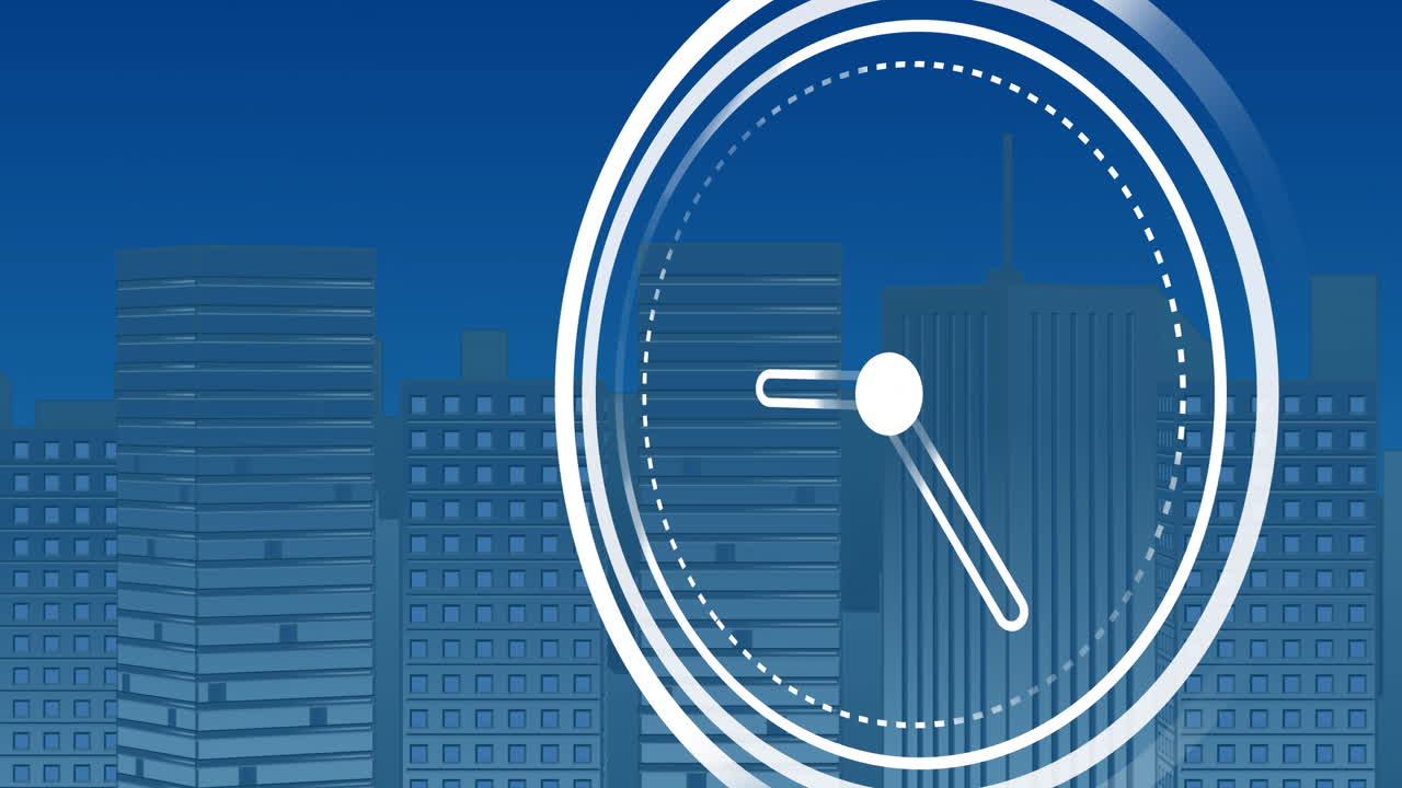 City skyline with modern high-rise buildings featuring animated clock overlay