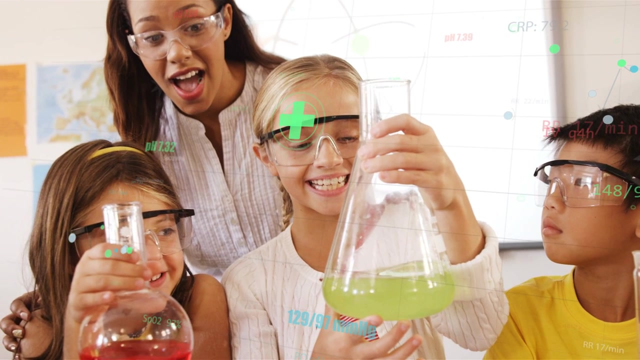 Pupil raising green flask after teacher cue tilting it viewing reaction as overlays showing science
