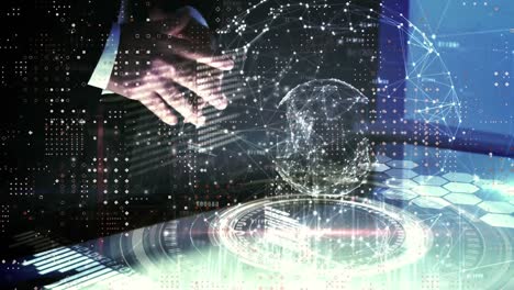 animation of globe, data processing over caucasian businessman with screen