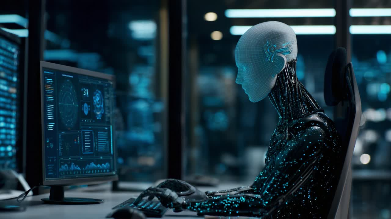 A humanoid robotic figure interacts with advanced technology, seated in a futuristic environment filled with screens, showcasing the intersection of artificial intelligence and human-like design