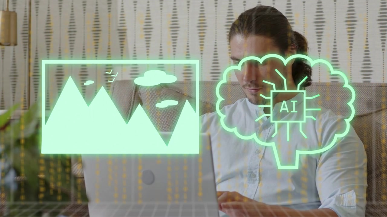 Man typing on couch, holographic UI generating mountain icon over laptop for tech demo