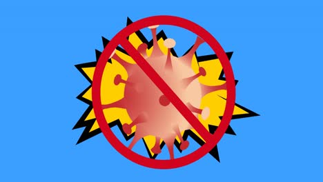 animación de un cartel de prohibición con un virus sobre un fondo azul