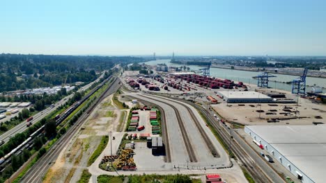 Fly-Over-Port-Of-New-Westminster-Shipping-Service-In-Surrey,-British-Columbia,-Canada