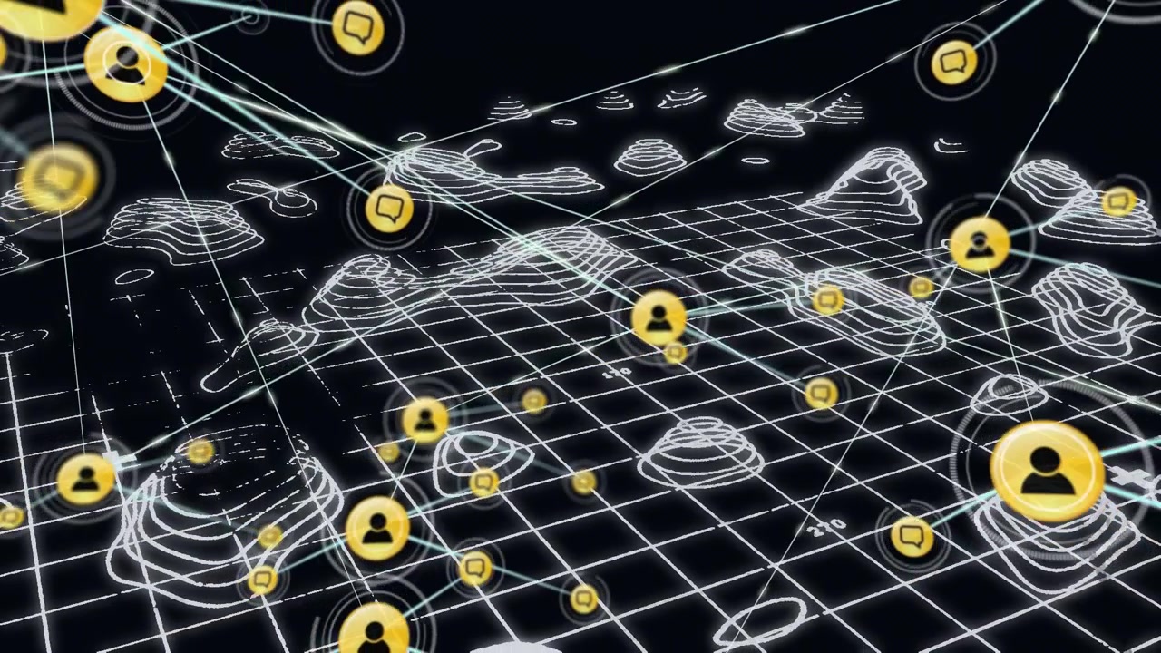 Animazione di rete di connessioni con icone su paesaggio digitale 3D