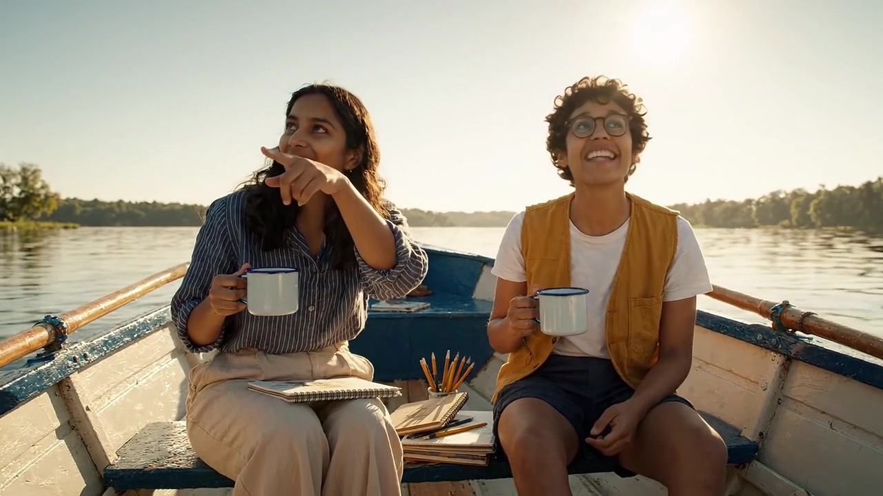 Dois amigos desfrutando de um momento sereno em um barco com a beleza da natureza e o calor do sol, saboreando café e tendo uma conversa alegre.