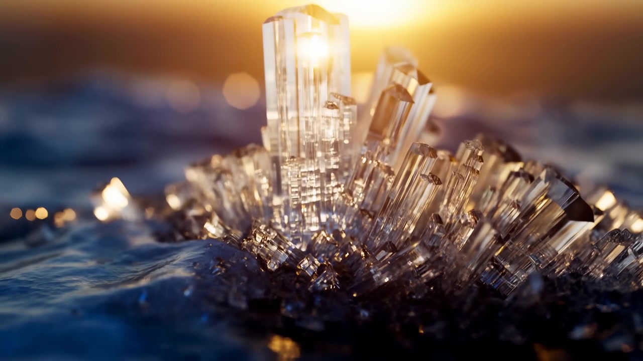 Close-up scene of tall crystalline ice cluster resting on shallow rippling water during golden hour, with warm reflections, sparkling facets, soft highlights, and calm natural movement