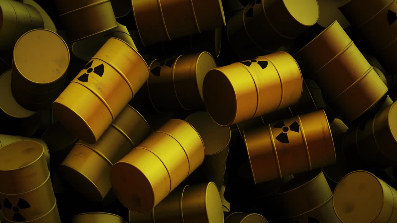 Animation mehrerer gelber Fässer mit schwarzen Atomsymbolen