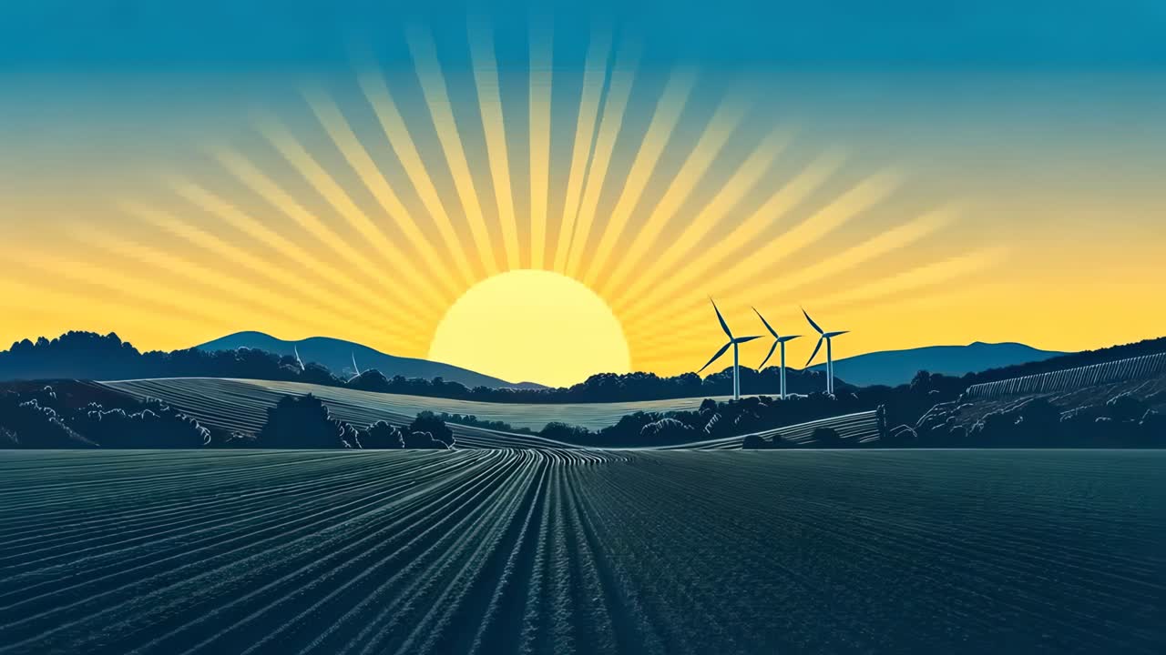 Illustration of a sunrise over fields with wind turbines, captured from a low angle
