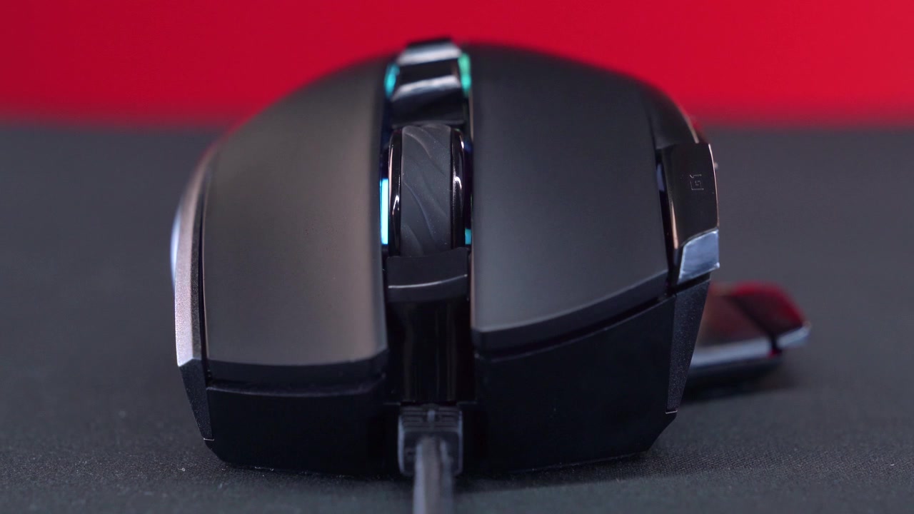 Close-up of a Black Gaming Mouse with Dynamic RGB Lighting