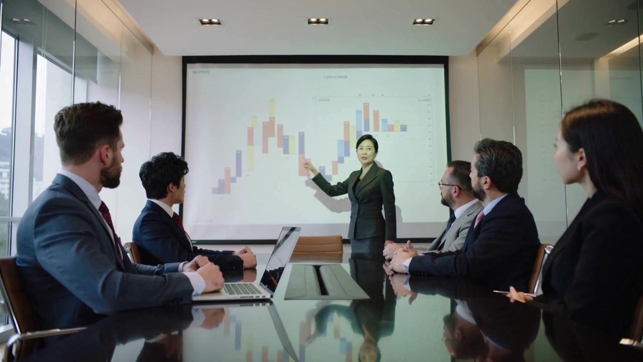 Presenting Asian woman dark-suit pointing explaining trends in boardroom, screen showing bars