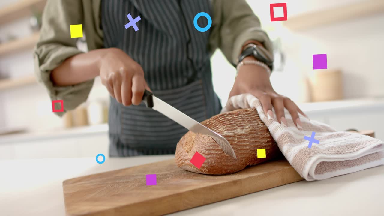 Woman placing loaf on kitchen board slicing bread for serving while animated shapes appearing