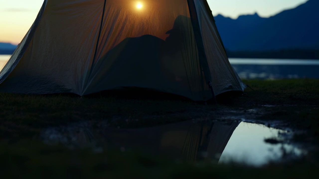 遠くに山々を望む穏やかな湖のそばに、光るテントのシルエットが立っている。暖かい夕焼けの光が生地を通して輝き、湖面に反射している。