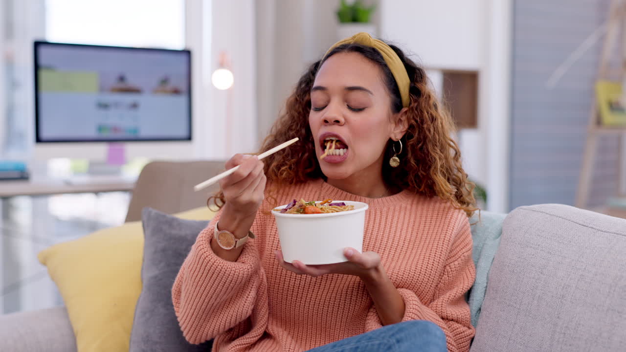 Woman, eating fast food and noodles on couch