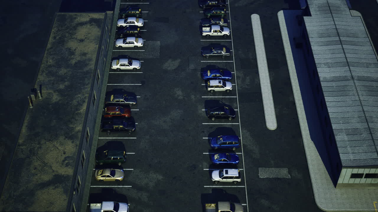 Nighttime parking lot with numerous parked vehicles at a commercial area