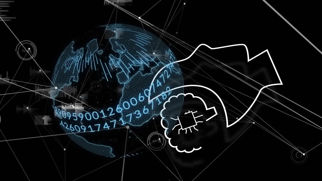 Animation of ai data processing over globe and dark background