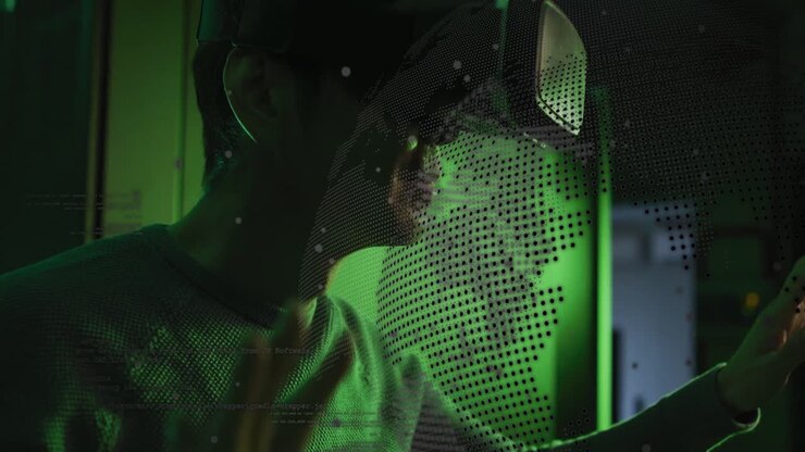 Animation of data processing and globe over asian male it technician wearing vr headset
