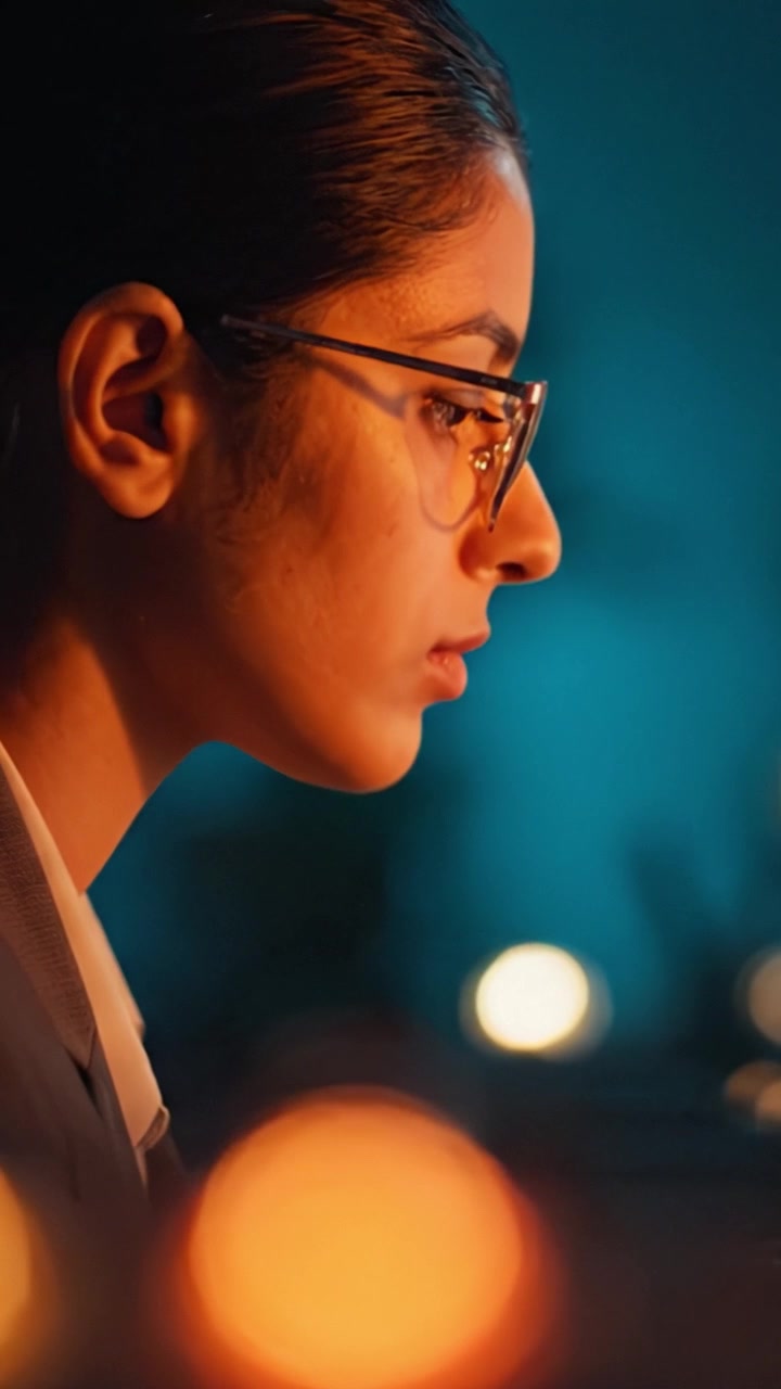 A concentrated young individual gazes into the distance, framed by a softly lit backdrop, illuminated by warm candlelight creating an intimate atmosphere of focus.