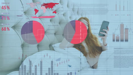 animation of statistical data processing over caucasian woman using smartphone lying on bed at home