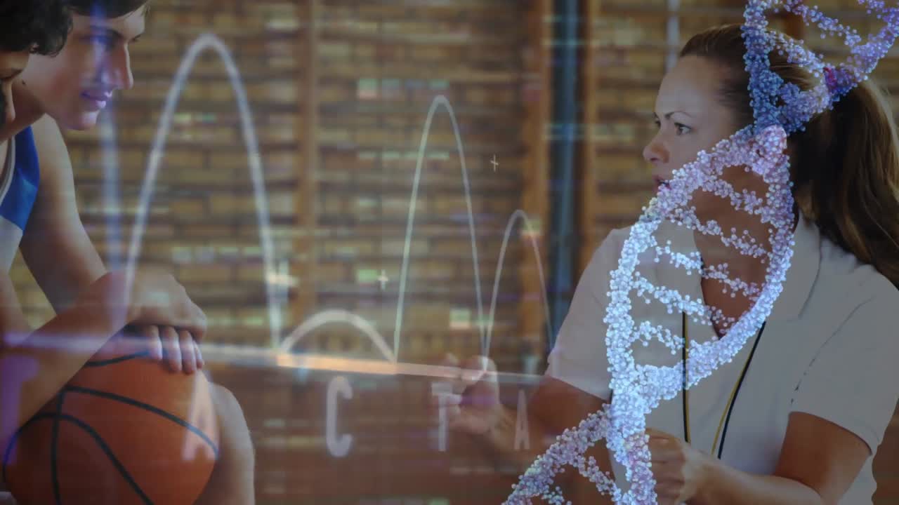 Animation of graphs and dna over diverse teenage basketball team and female trainer