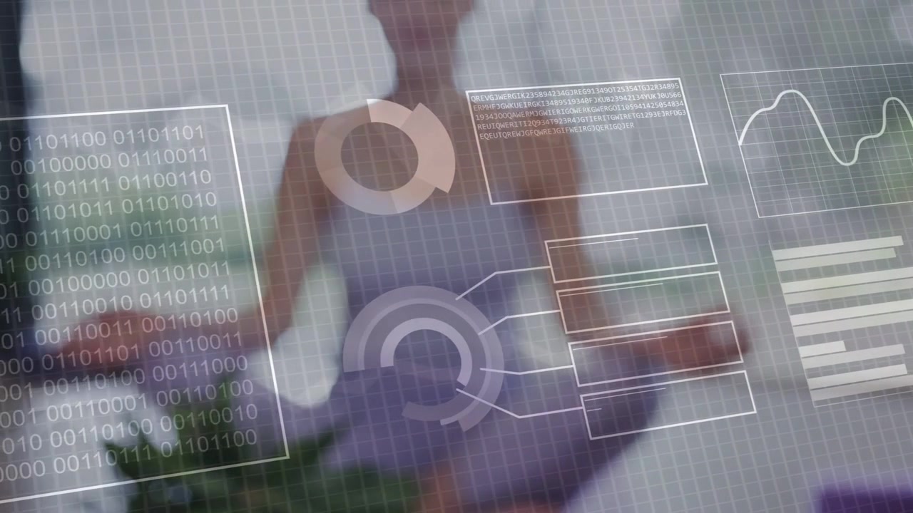 Hands pinching and swiping HUD reshaping into binary ring charts and waveform for wellness tracking