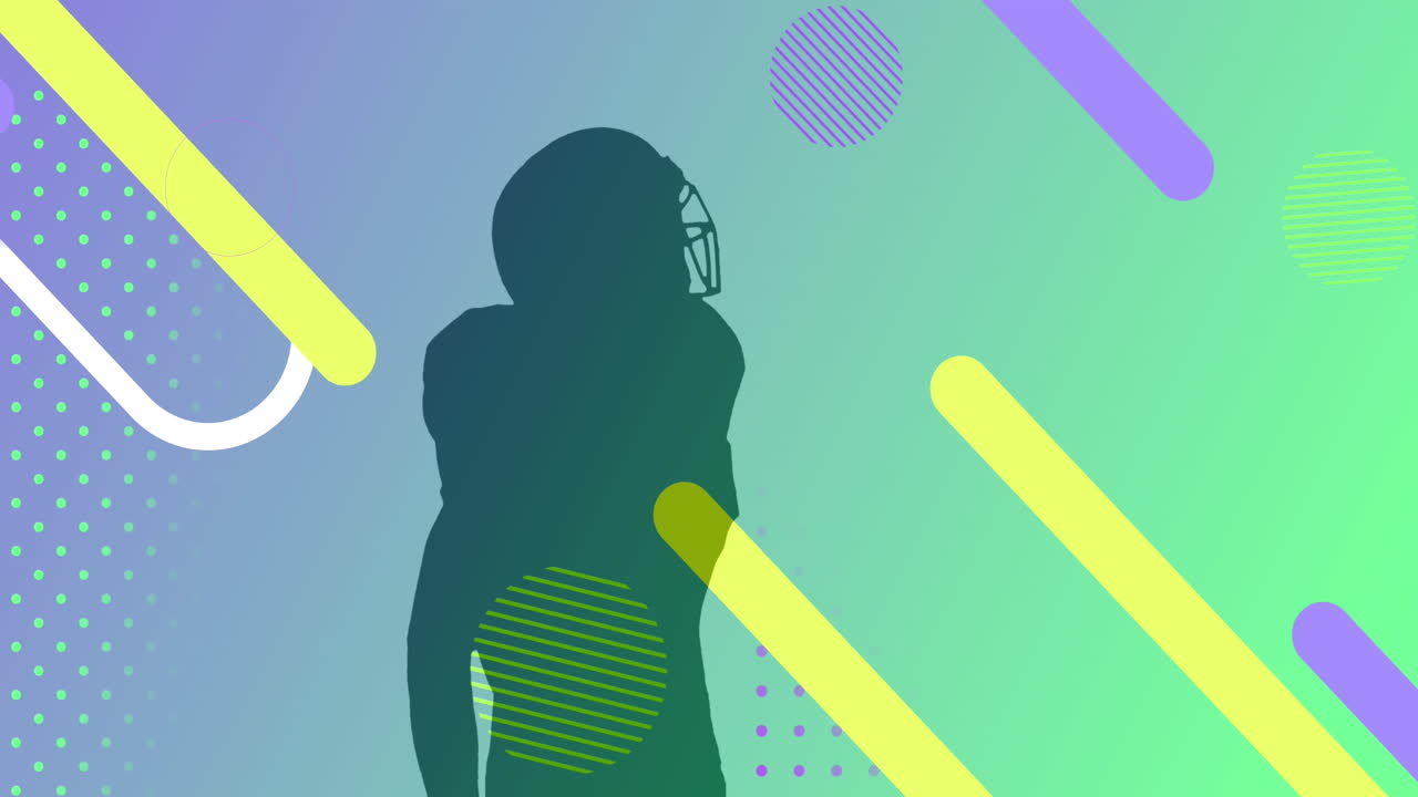 animación de formas coloridas sobre la silueta de un jugador de fútbol americano masculino sobre fondo verde